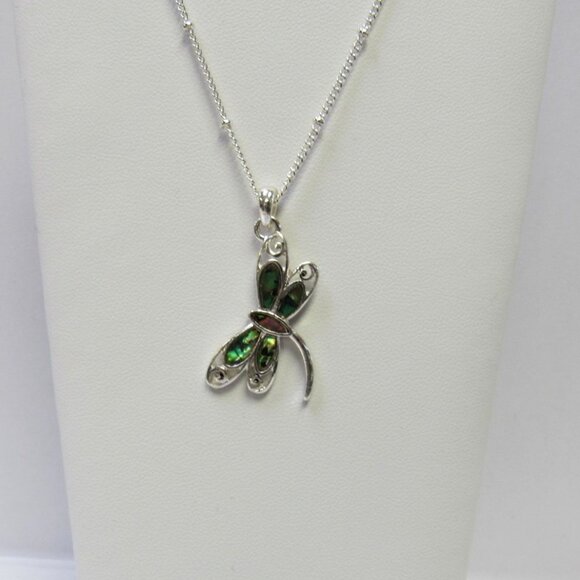 Silver Plated Abalone Shell Dragonfly Charm Necklace Pendant - Picture 1 of 5